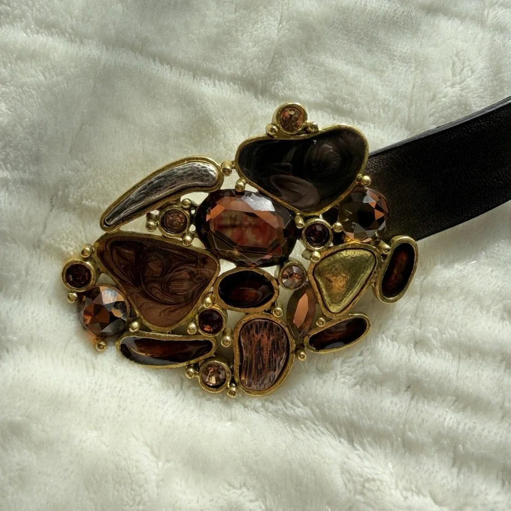 Chico's Chunky Brown Leather Belt Statement Boho Western Festival Gold Y2K